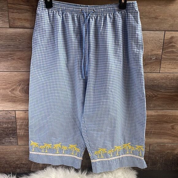 Karen Scott Sport Ladies Capri Pants, Size M, Blue & White Checkered, Palm Tree - Picture 1 of 5